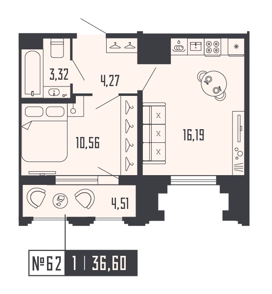 2-комнатная (Евро) квартира, 36.6 м² в ЖК "Shepilevskiy" - планировка, фото №1