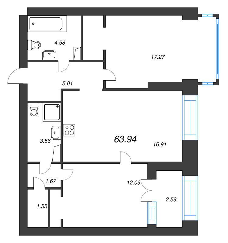 3-комнатная (Евро) квартира, 64.8 м² - планировка, фото №1