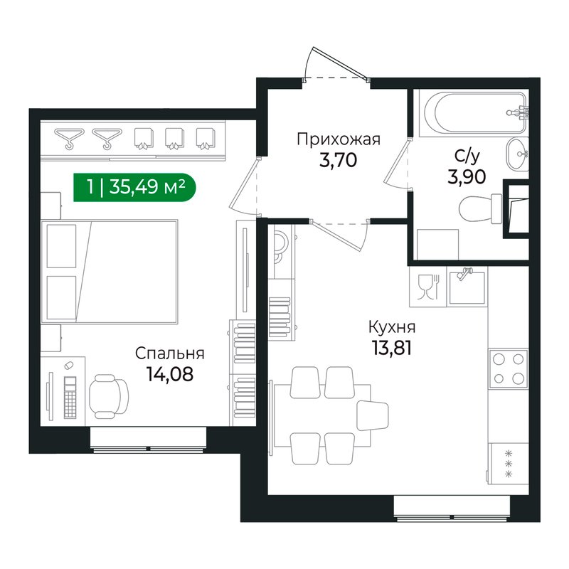 1-комнатная квартира, 35.3 м² в ЖК "Сертолово Парк" - планировка, фото №1