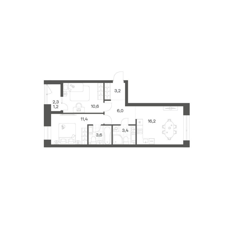 3-комнатная (Евро) квартира, 55.59 м² в ЖК "Новый Питер" - планировка, фото №1