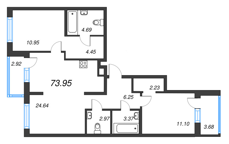 3-комнатная (Евро) квартира, 73.95 м² - планировка, фото №1