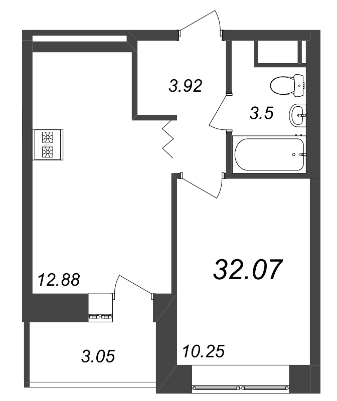 1-комнатная квартира, 32.07 м² - планировка, фото №1