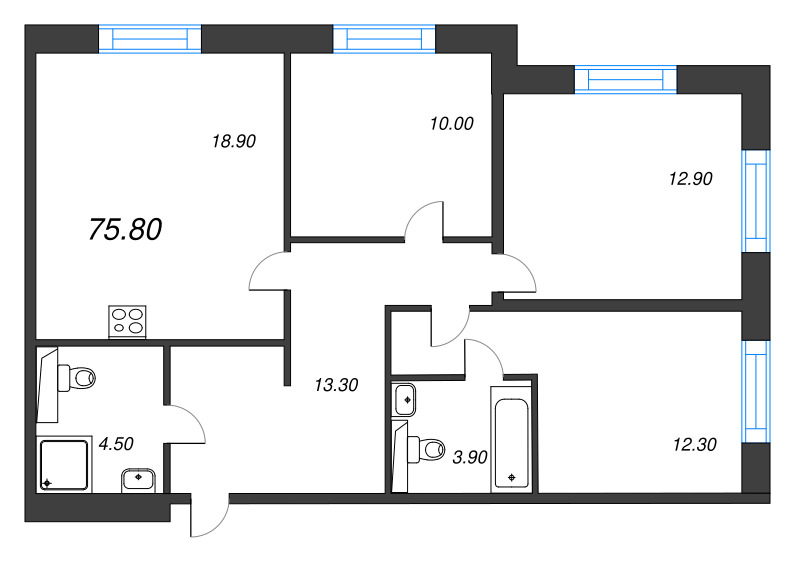 4-комнатная (Евро) квартира, 75.8 м² в ЖК "Большая Охта" - планировка, фото №1