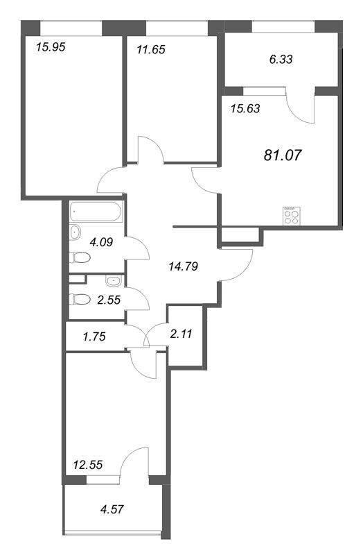 4-комнатная (Евро) квартира, 81.07 м² в ЖК "Дом на Курской" - планировка, фото №1
