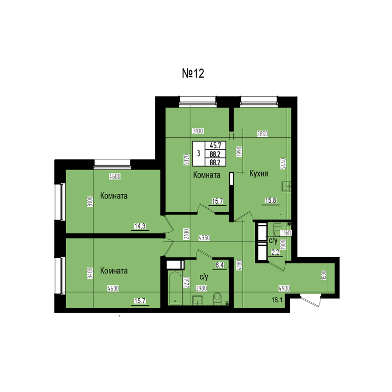 4-комнатная (Евро) квартира, 88.2 м² в ЖК "ПРАГМА СИТИ" - планировка, фото №1