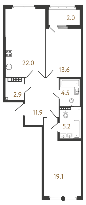 3-комнатная (Евро) квартира, 79.2 м² - планировка, фото №1