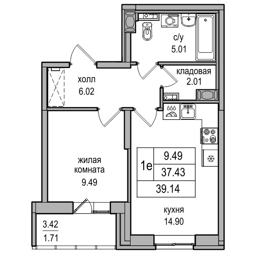 1-комнатная квартира, 38.8 м² в ЖК "Северная Долина" - планировка, фото №1