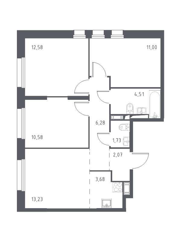 4-комнатная (Евро) квартира, 65.66 м² в ЖК "Новые Лаврики" - планировка, фото №1