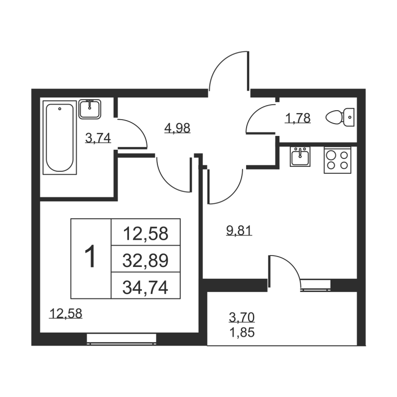 1-комнатная квартира, 34.74 м² в ЖК "Высота" - планировка, фото №1