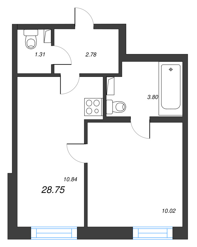 1-комнатная квартира, 28.75 м² в ЖК "AEROCITY" - планировка, фото №1