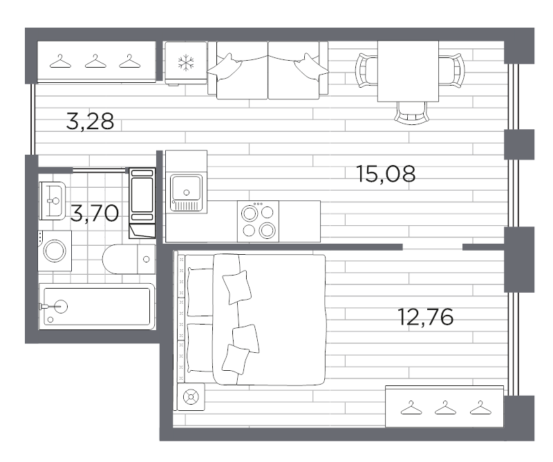 2-комнатная (Евро) квартира, 34.82 м² в ЖК "Сезоны" - планировка, фото №1