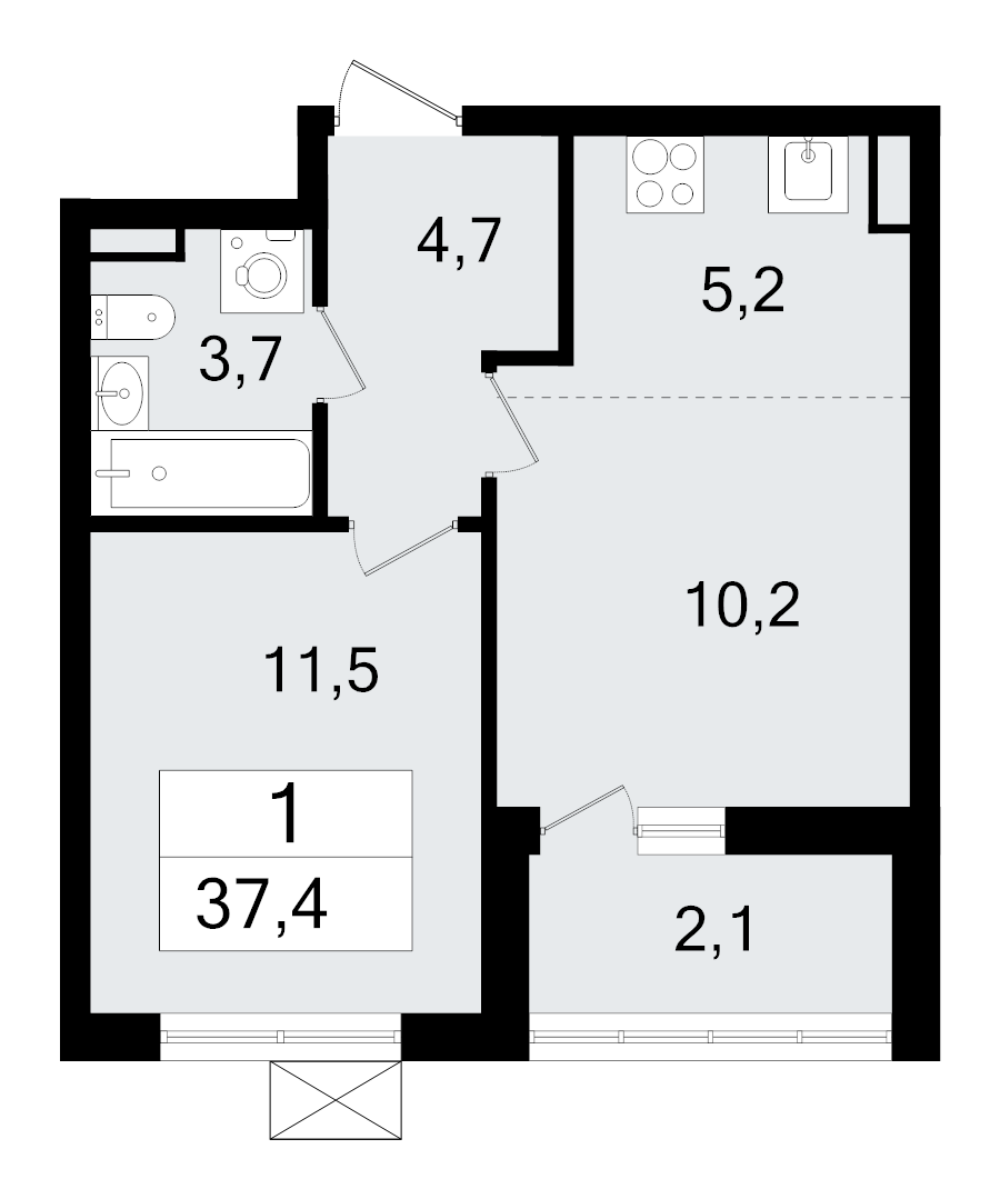 2-комнатная (Евро) квартира, 37.4 м² в ЖК "А101 Всеволожск" - планировка, фото №1