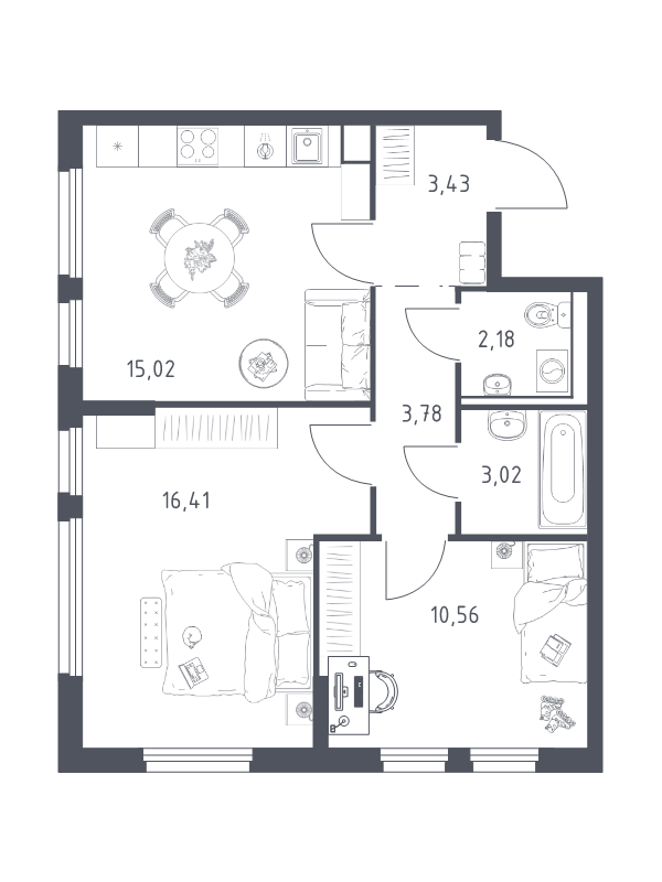 2-комнатная квартира, 54.4 м² в ЖК "Новое Колпино" - планировка, фото №1