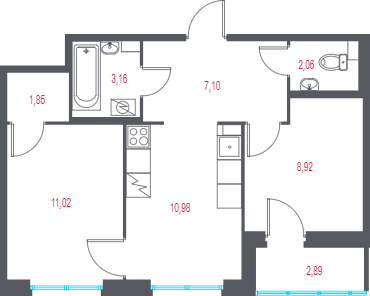 2-комнатная квартира, 46.54 м² в ЖК "Город-спутник Южный" - планировка, фото №1