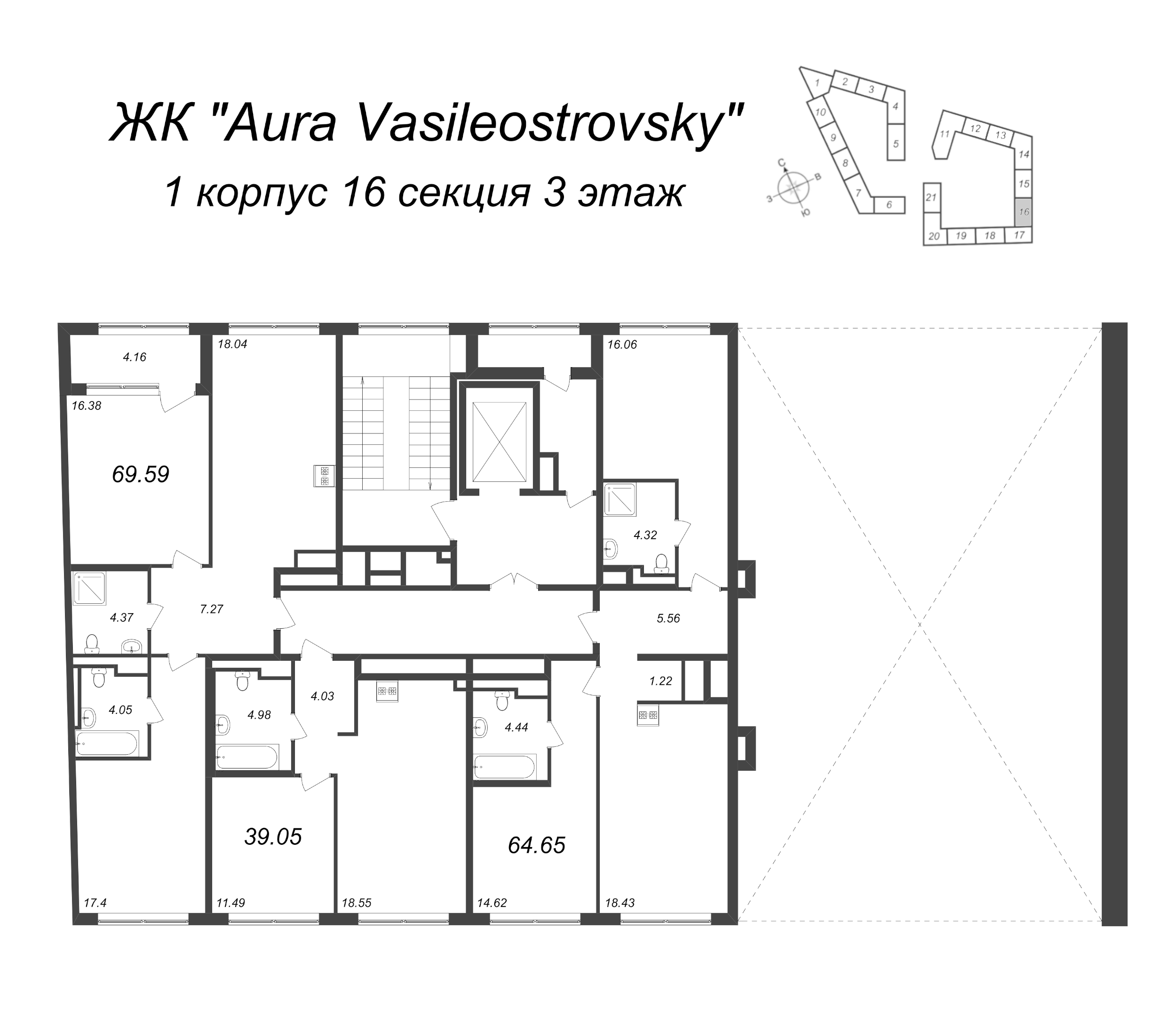 3-комнатная (Евро) квартира, 64.65 м² - планировка этажа