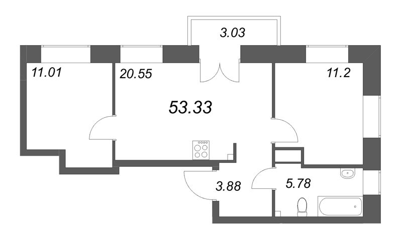3-комнатная (Евро) квартира, 53.33 м² - планировка, фото №1