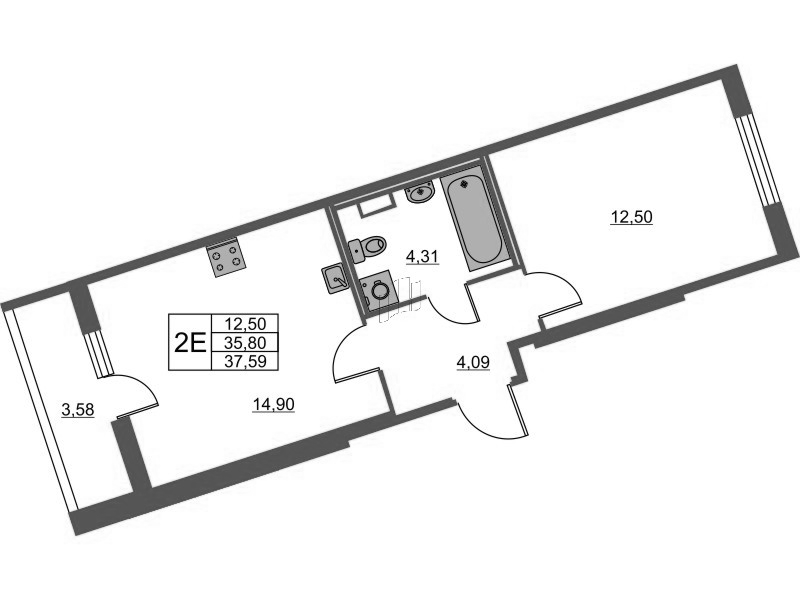 2-комнатная (Евро) квартира, 37.59 м² - планировка, фото №1