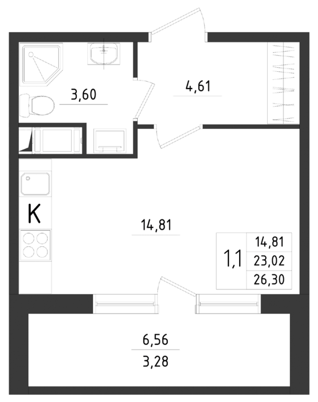 Квартира-студия, 26.3 м² в ЖК "Новикола" - планировка, фото №1