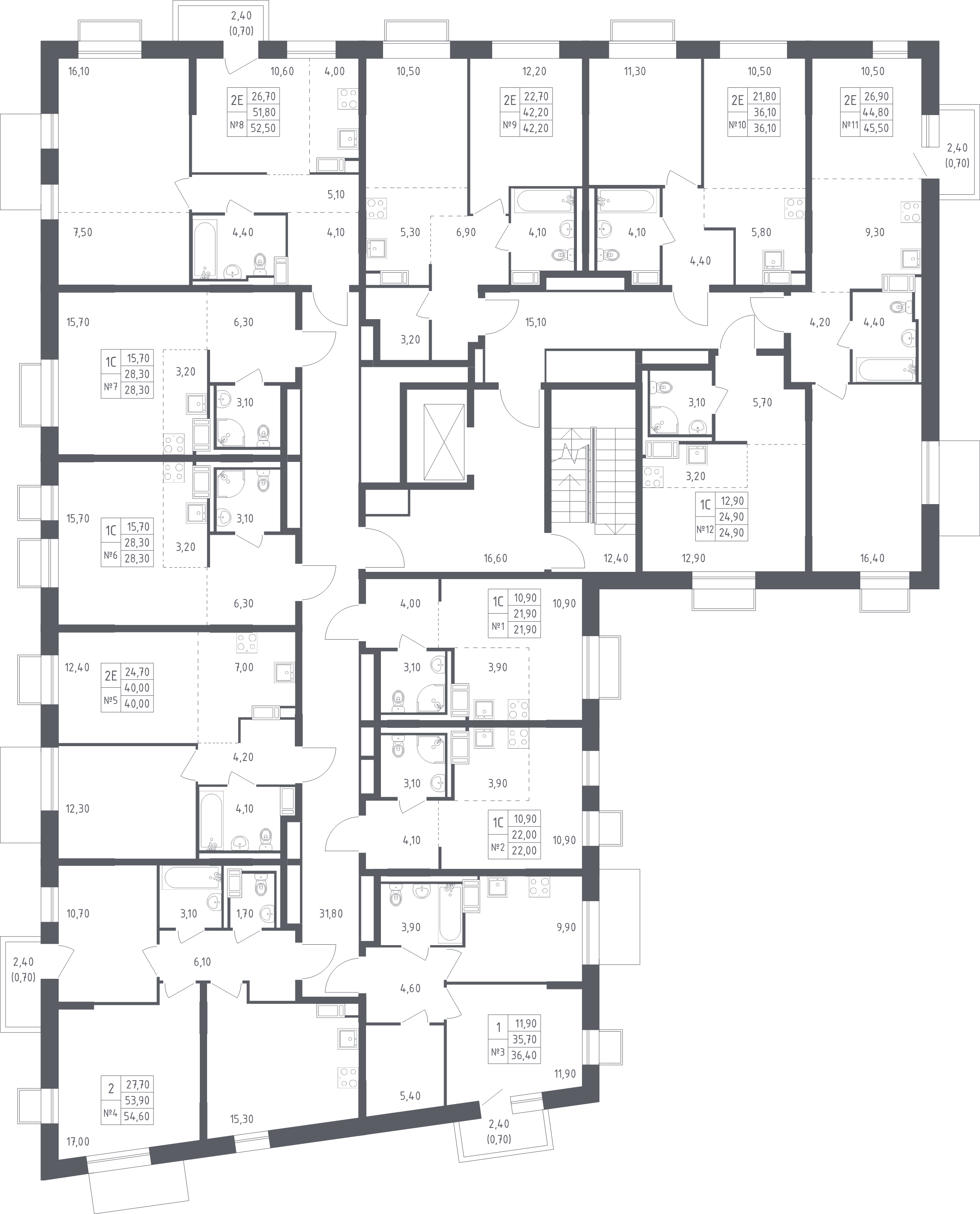 2-комнатная (Евро) квартира, 45 м² в ЖК "Курортный Квартал" - планировка этажа
