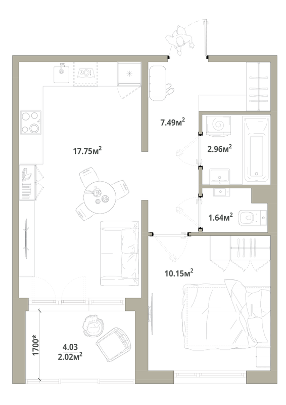 2-комнатная (Евро) квартира, 42.01 м² в ЖК "Тишин" - планировка, фото №1