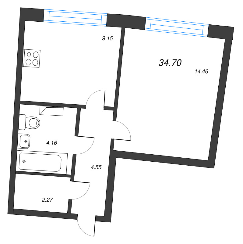 1-комнатная квартира, 34.7 м² в ЖК "Аквилон Riva" - планировка, фото №1