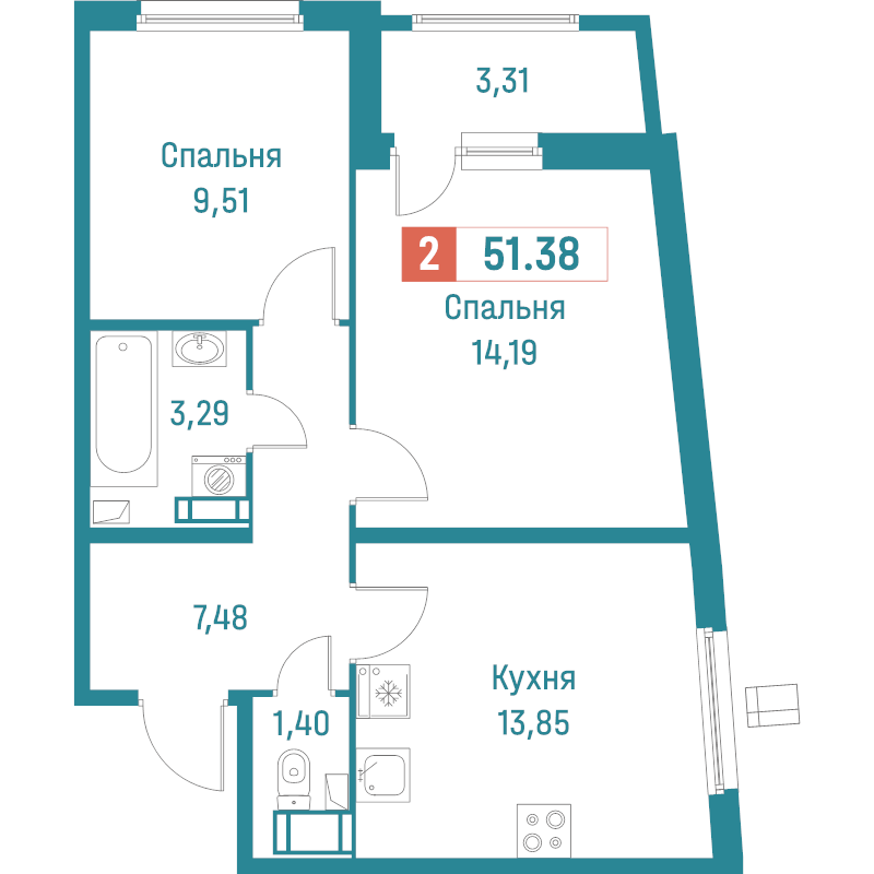 2-комнатная квартира, 51.38 м² - планировка, фото №1