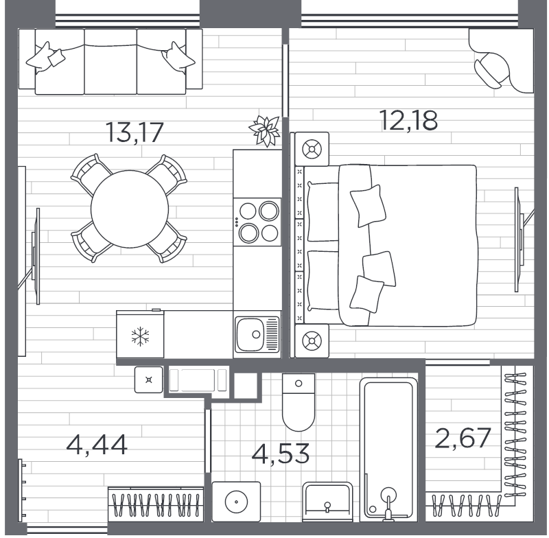 1-комнатная квартира, 36.99 м² в ЖК "PLUS Пулковский" - планировка, фото №1