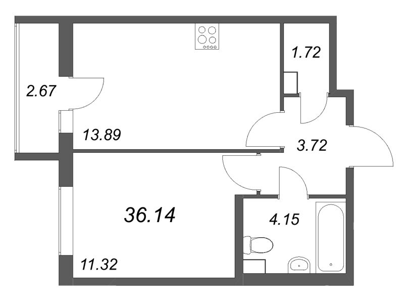 1-комнатная квартира, 36.14 м² в ЖК "Кинопарк" - планировка, фото №1