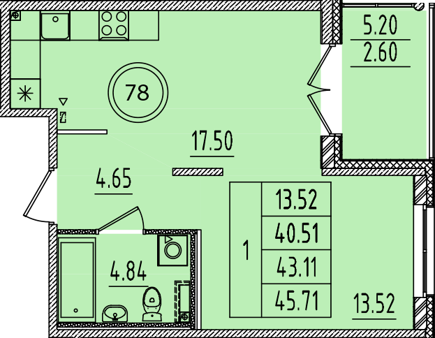 2-комнатная (Евро) квартира, 40.51 м² в ЖК "Образцовый квартал 14" - планировка, фото №1