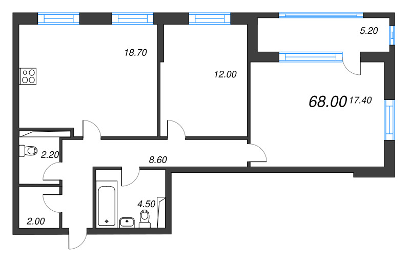 3-комнатная (Евро) квартира, 68 м² в ЖК "Тайм Сквер" - планировка, фото №1