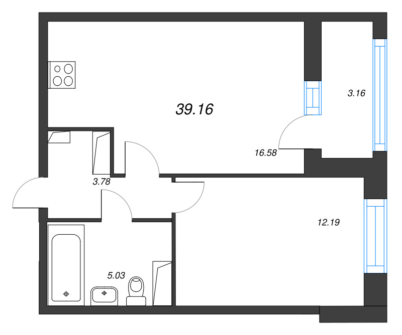 2-комнатная (Евро) квартира, 39.16 м² в ЖК "Аквилон Leaves" - планировка, фото №1