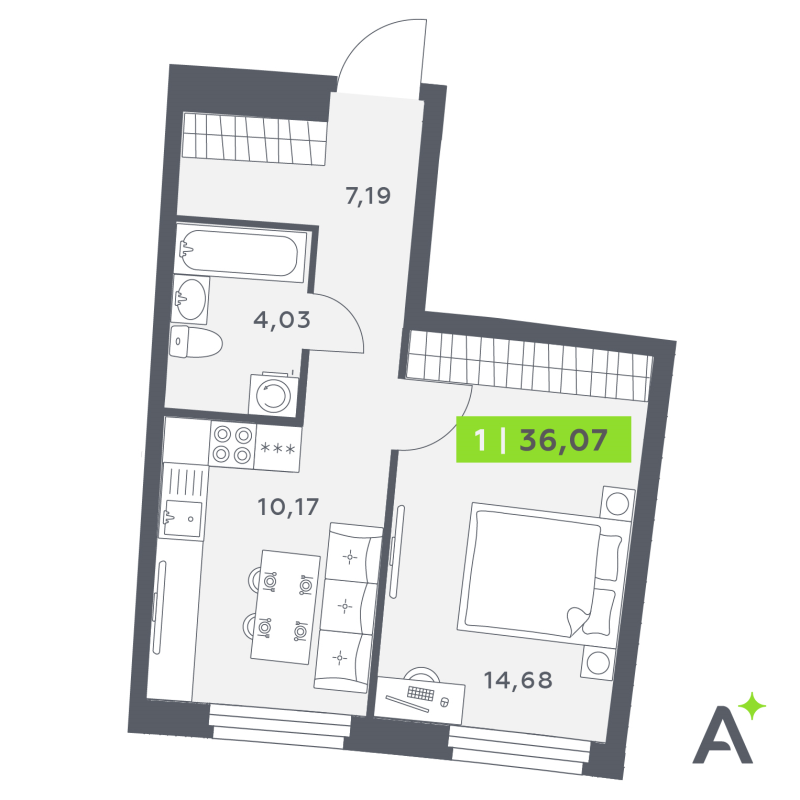 1-комнатная квартира, 36.07 м² в ЖК "Аквилон РИВА" - планировка, фото №1