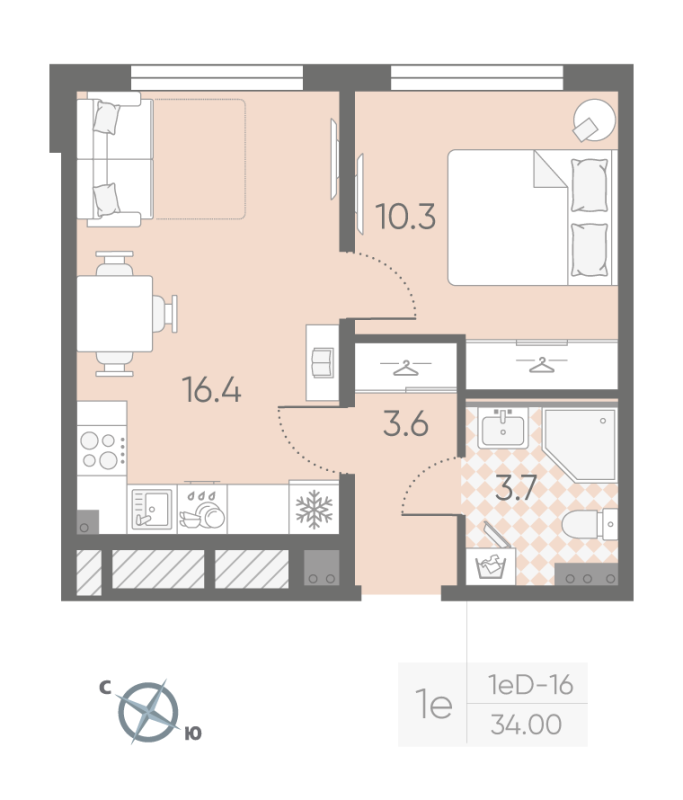 2-комнатная (Евро) квартира, 34 м² в ЖК "Пулково Lake" - планировка, фото №1