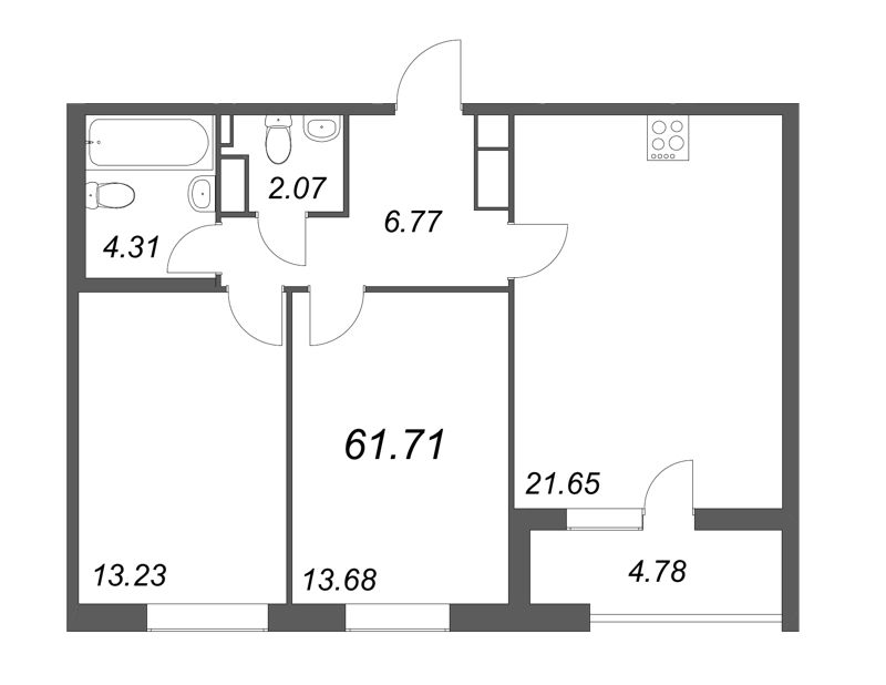 2-комнатная квартира, 61.71 м² - планировка, фото №1