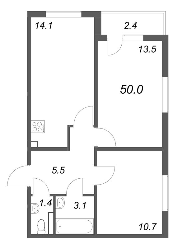 3-комнатная (Евро) квартира, 50 м² в ЖК "ЛСР. Ржевский парк" - планировка, фото №1