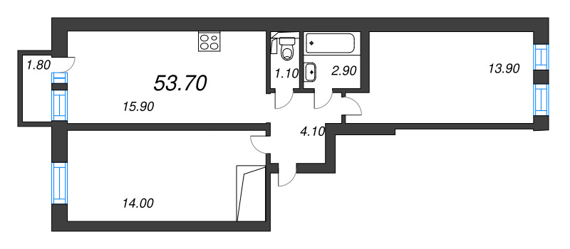 3-комнатная (Евро) квартира, 52.4 м² в ЖК "Эко Квартал Нега" - планировка, фото №1