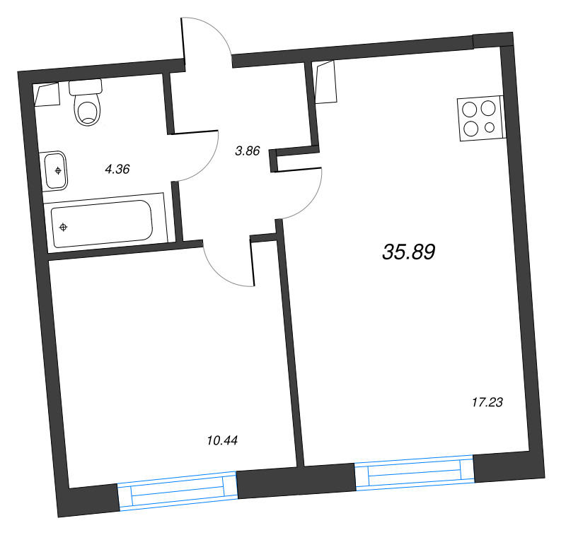 2-комнатная (Евро) квартира, 35.89 м² в ЖК "Бульвар Грина" - планировка, фото №1