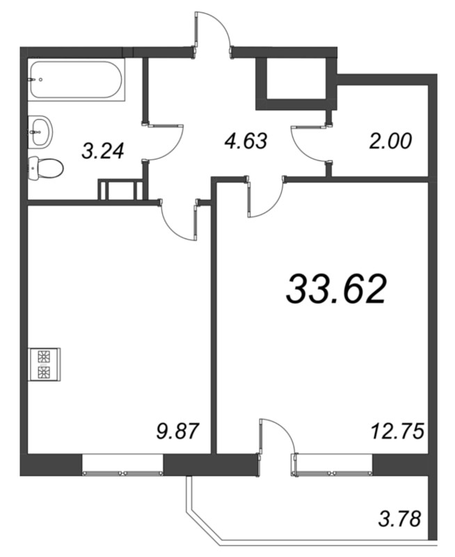 1-комнатная квартира, 33.62 м² в ЖК "Капральский" - планировка, фото №1