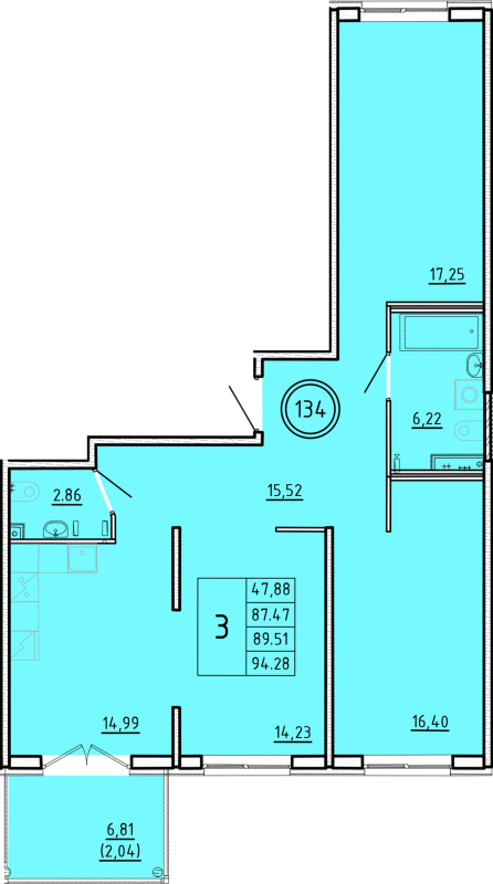 3-комнатная квартира, 87.47 м² - планировка, фото №1