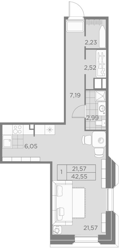 Квартира-студия, 42.55 м² в ЖК "Akzent" - планировка, фото №1