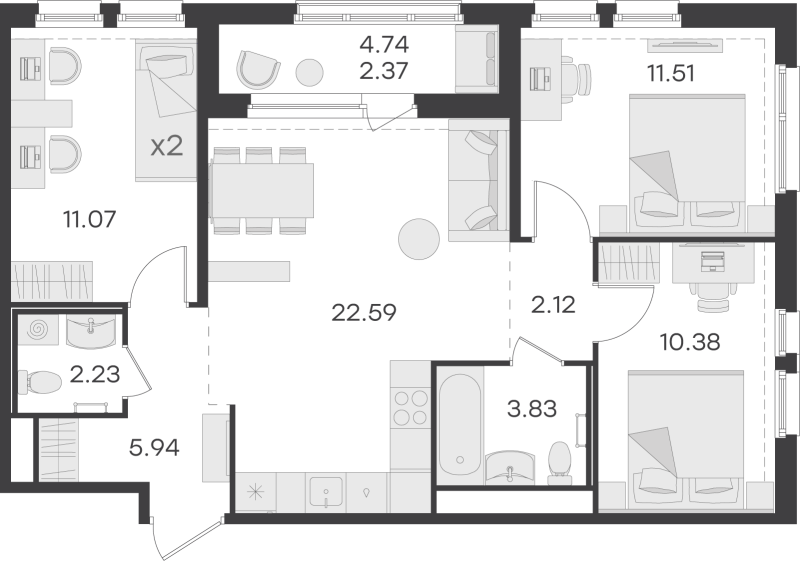 4-комнатная (Евро) квартира, 72.04 м² - планировка, фото №1