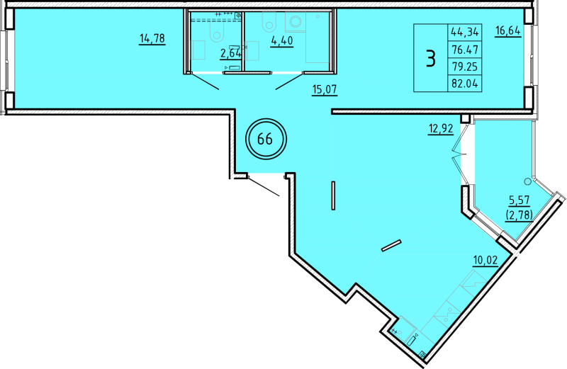 3-комнатная (Евро) квартира, 76.47 м² - планировка, фото №1