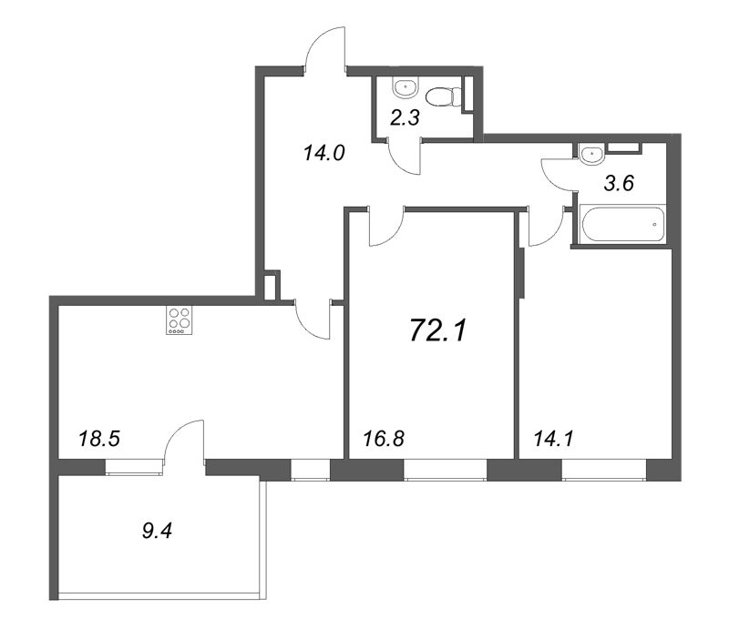 3-комнатная (Евро) квартира, 72.1 м² - планировка, фото №1