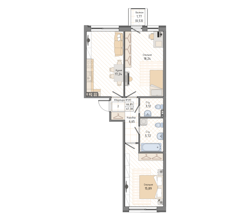 2-комнатная квартира, 67.38 м² в ЖК "Мануфактура James Beck" - планировка, фото №1