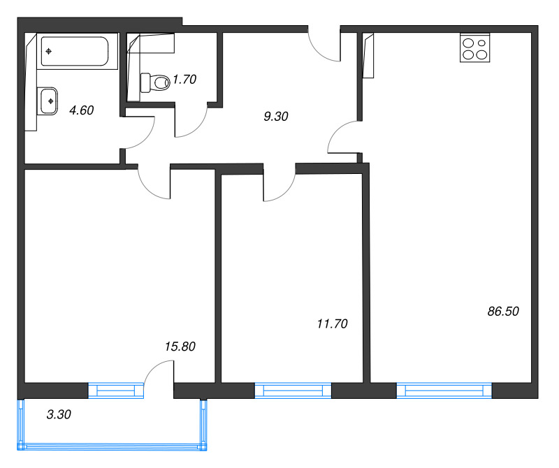 3-комнатная (Евро) квартира, 64.8 м² в ЖК "Руднева 15" - планировка, фото №1