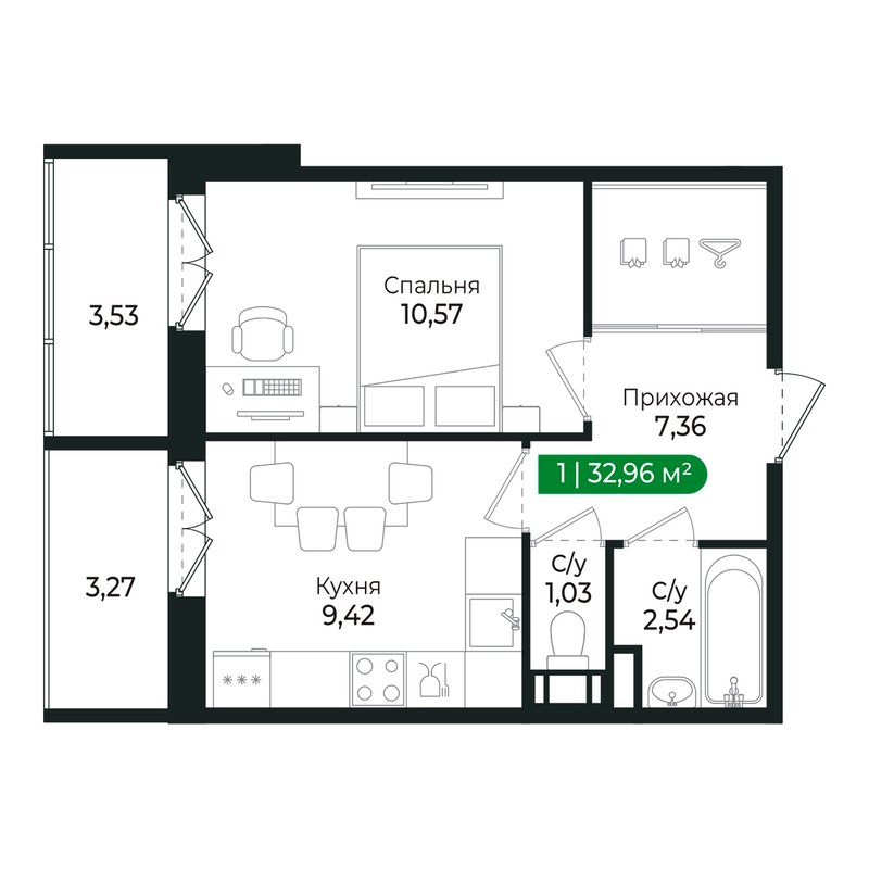 1-комнатная квартира, 30.8 м² в ЖК "Сертолово Парк" - планировка, фото №1