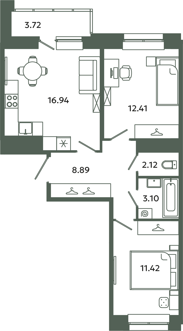 3-комнатная (Евро) квартира, 56.74 м² в ЖК "Загляденье" - планировка, фото №1