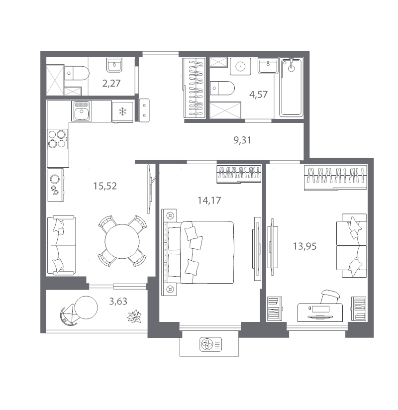 3-комнатная (Евро) квартира, 61.61 м² в ЖК "Respect" - планировка, фото №1