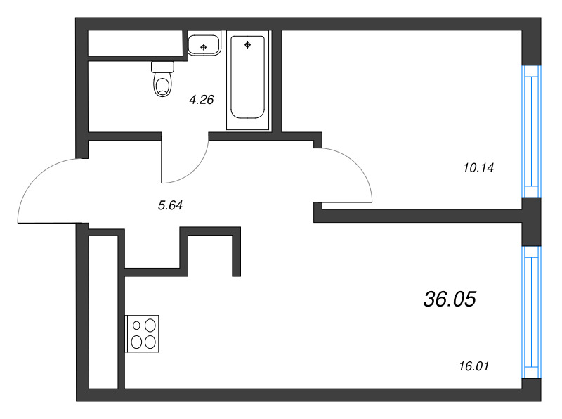 2-комнатная (Евро) квартира, 36.05 м² в ЖК "Legenda Васильевского" - планировка, фото №1