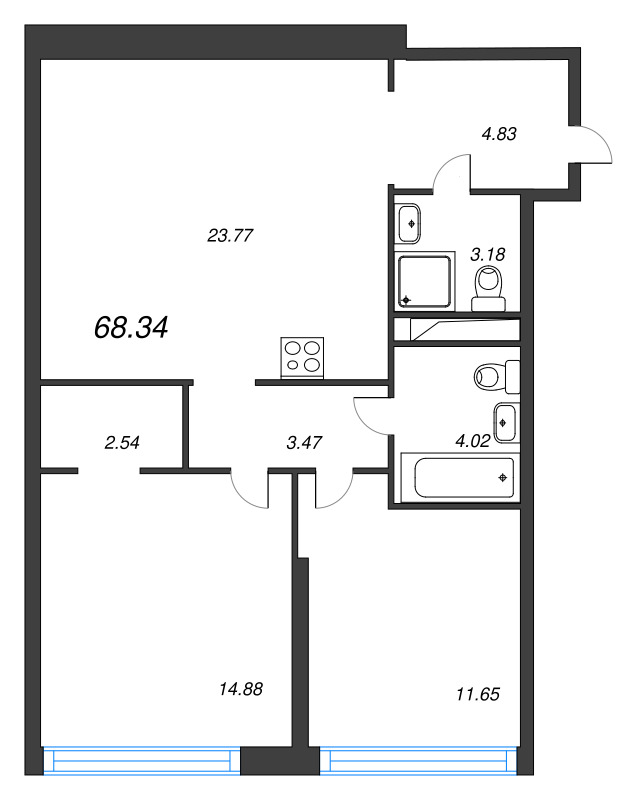 3-комнатная (Евро) квартира, 68.34 м² в ЖК "Avant" - планировка, фото №1